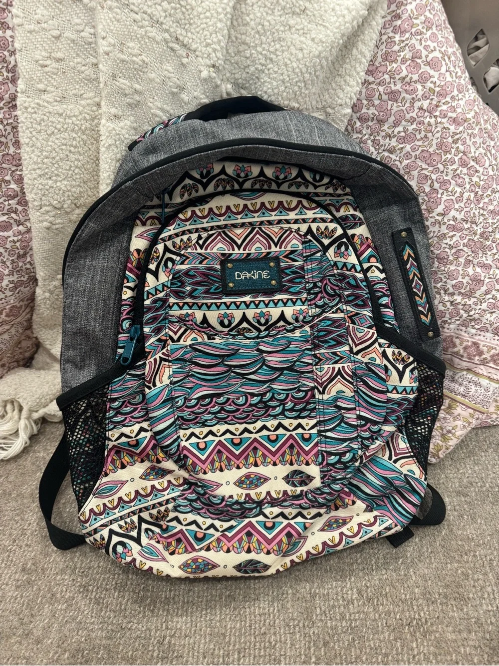 Dakine Gray Backpack with Teal, Pink & Cream Aztec Print